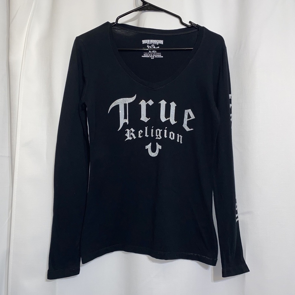Vintage True Religion Black Long Sleeve Shirt Womens Small Rhinestones Y2K